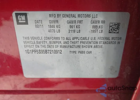 2011 Chevrolet Cruze 1Lt z USA, uszkodzony, nr VIN 1G1PF5S95B7210912